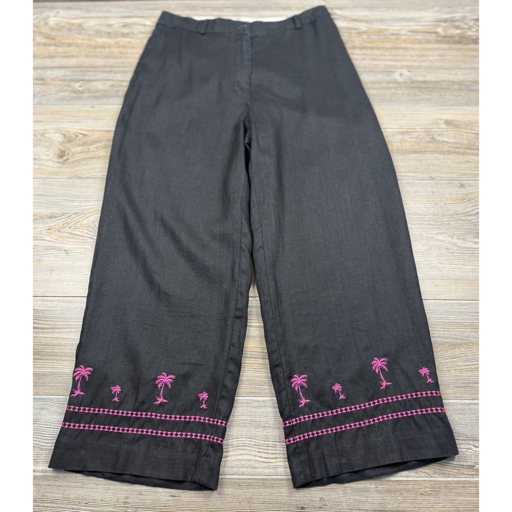 Jillian Jones Linen Pants 8 Black Pink Embroidered Palm Trees Tropical Resort